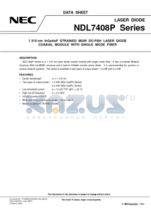 NDL7408P1LC datasheet - 1 310 nm InGaAsP STRAINED MQW DC-PBH LASER DIODE COAXIAL MODULE WITH SINGLE MODE FIBER