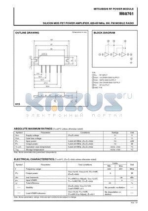 M68761 datasheet - SILICON MOS FET POWER AMPLIFIER, 820-851MHz, 6W, FM MOBILE RADIO