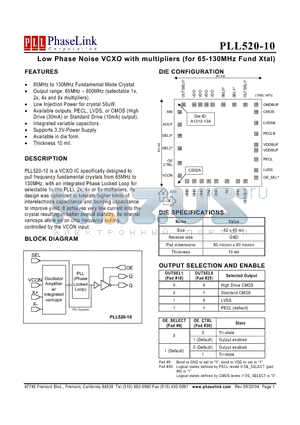 PLL520-10DI datasheet - Low Phase Noise VCXO with multipliers (for 65-130MHz Fund Xtal)