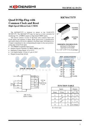 KK74ACT175D datasheet - Quad D Flip-Flop with Common Clock and Reset High-Speed Silicon-Gate CMOS