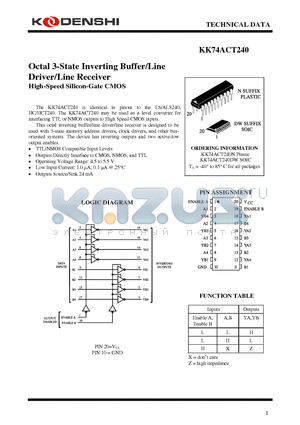 KK74ACT240DW datasheet - Octal 3-State Inverting Buffer/Line Driver/Line Receiver High-Speed Silicon-Gate CMOS