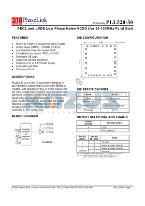 PLL520-30 datasheet - PECL and LVDS Low Phase Noise VCXO (for 65-130MHz Fund Xtal)