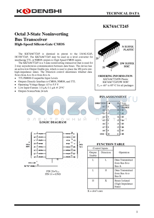 KK74ACT245DW datasheet - Octal 3-State Noninverting Bus Transceiver High-Speed Silicon-Gate CMOS