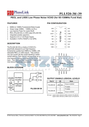 PLL520-38-39 datasheet - PECL and LVDS Low Phase Noise VCXO (for 65-130MHz Fund Xtal)