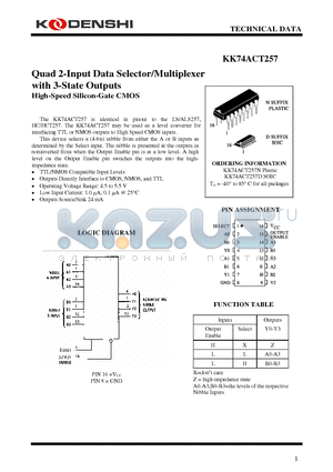 KK74ACT257 datasheet - Quad 2-Input Data Selector/Multiplexer with 3-State Outputs High-Speed Silicon-Gate CMOS