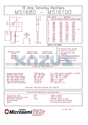 MBR15100 datasheet - 16 AMP SCHOTTKY RECTIFIER