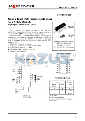 KK74ACT257D datasheet - Quad 2-Input Data Selector/Multiplexer with 3-State Outputs High-Speed Silicon-Gate CMOS