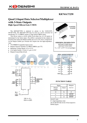 KK74ACT258 datasheet - Quad 2-Input Data Selector/Multiplexer with 3-State Outputs High-Speed Silicon-Gate CMOS