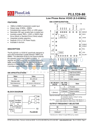 PLL520-70DI datasheet - Low Phase Noise VCXO (9.5-65MHz)