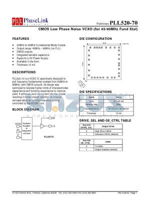 PLL520-70 datasheet - CMOS Low Phase Noise VCXO (for 45-90MHz Fund Xtal)