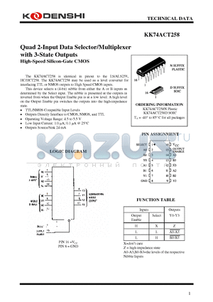 KK74ACT258N datasheet - Quad 2-Input Data Selector/Multiplexer with 3-State Outputs High-Speed Silicon-Gate CMOS