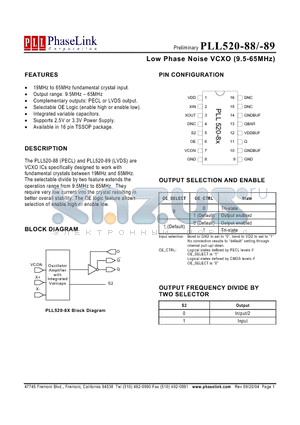 PLL520-88-89 datasheet - Low Phase Noise VCXO (9.5-65MHz)