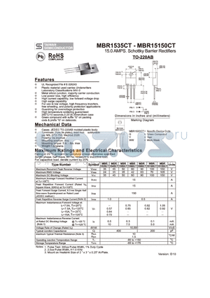 MBR15150CT datasheet - 15.0 AMPS. Schottky Barrier Rectifiers