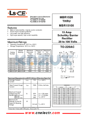 MBR1520 datasheet - 15Amp schottky barrier rectifier 20to100 volts