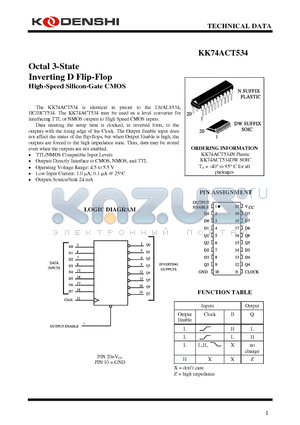 KK74ACT534DW datasheet - Octal 3-State Inverting D Flip-Flop High-Speed Silicon-Gate CMOS