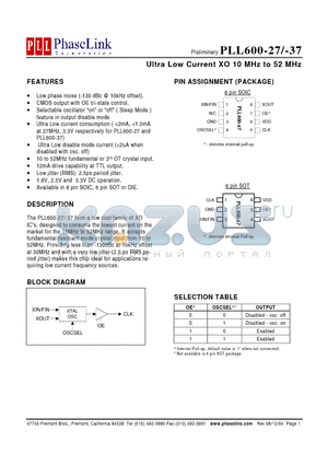 PLL600-37SC-R datasheet - Ultra Low Current XO 10 MHz to 52 MHz