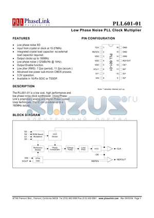 PLL601-01SC-R datasheet - Low Phase Noise PLL Clock Multiplier