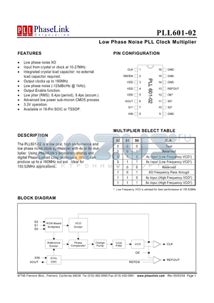 PLL601-02SC datasheet - Low Phase Noise PLL Clock Multiplier