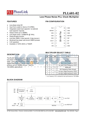 PLL601-02OC-R datasheet - Low Phase Noise PLL Clock Multiplier