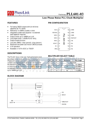 PLL601-03OI datasheet - Low Phase Noise PLL Clock Multiplier