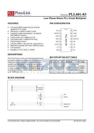 PLL601-03SM datasheet - Low Phase Noise PLL Clock Multiplier