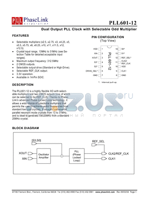 PLL601-12 datasheet - Dual Output PLL Clock with Selectable Odd Multiplier