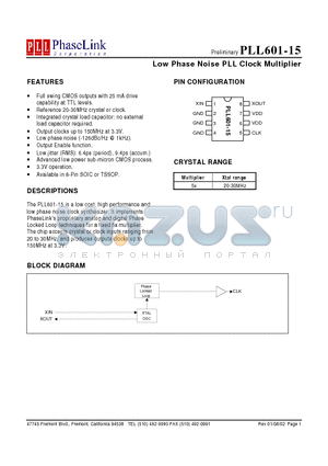 PLL601-15 datasheet - Low Phase Noise PLL Clock Multiplier