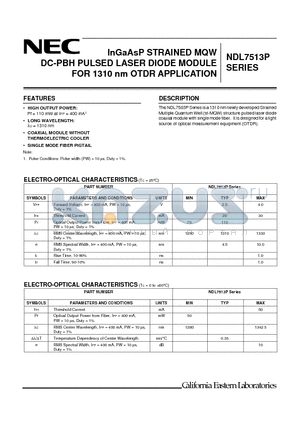 NDL7513P1C datasheet - InGaAsP STRAINED MQW DC-PBH PULSED LASER DIODE MODULE FOR 1310 nm OTDR APPLICATION