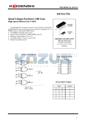 KK74ACT86N datasheet - Quad 2-Input Exclusive OR Gate High-Speed Silicon-Gate CMOS