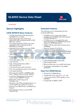 QL82SD-PT280 datasheet - 10 High Speed Bus LVDS Serial Links bandwidth up to 5 Gbps