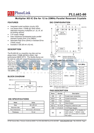PLL602-00 datasheet - Multiplier XO IC Die for 12 to 25MHz Parallel Resonant Crystals