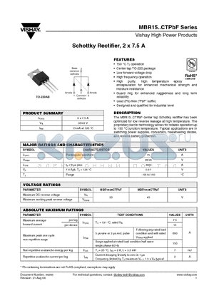 MBR1535CTPBF datasheet - Schottky Rectifier, 2 x 7.5 A