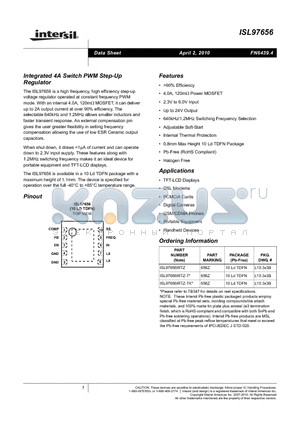 ISL97656IRTZ-T datasheet - Integrated 4A Switch PWM Step-Up Regulator