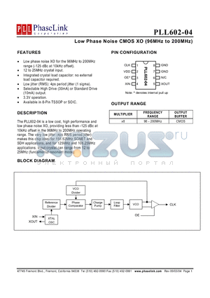 PLL602-04 datasheet - Low Phase Noise CMOS XO (96MHz to 200MHz)