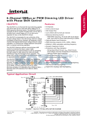 ISL97673IRZ datasheet - 6-Channel SMBus or PWM Dimming LED Driver with Phase Shift Control