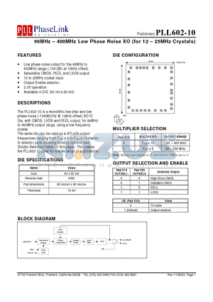 PLL602-10DM datasheet - 96MHz - 400MHz Low Phase Noise XO (for 12 - 25MHz Crystals)