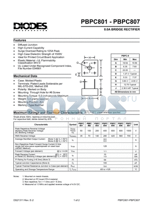 PBPC805 datasheet - 8.0A BRIDGE RECTIFIER