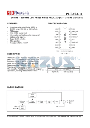 PLL602-11OC-R datasheet - 96MHz - 200MHz Low Phase Noise PECL XO (12 - 25MHz Crystals)