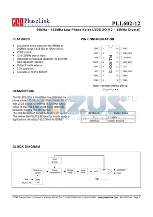 PLL602-12OC datasheet - 96MHz - 192MHz Low Phase Noise LVDS XO (12 - 25MHz Crystal)