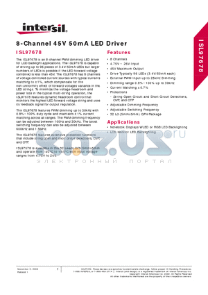 ISL97678IRZ datasheet - 8-Channel 45V 50mA LED Driver