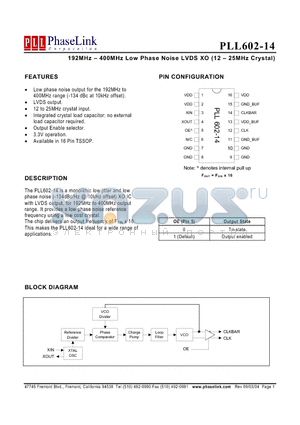 PLL602-14 datasheet - 192MHz - 400MHz Low Phase Noise LVDS XO (12 - 25MHz Crystal)