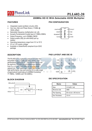 PLL602-20 datasheet - 200MHz XO IC With Selectable 4X/8X Multiplier
