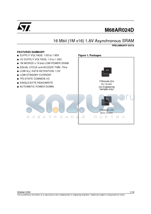 M68AR016DN70ZB1T datasheet - 16 Mbit 1M x16 1.8V Asynchronous SRAM