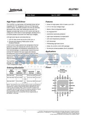 ISL97801ARZ-TK datasheet - High Power LED Driver