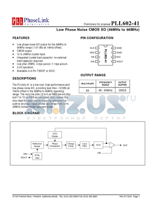 PLL602-41XOC datasheet - Low Phase Noise CMOS XO (48MHz to 96MHz)