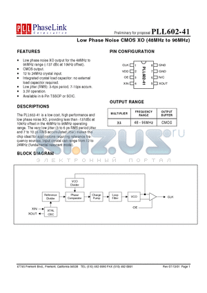 PLL602-41XSI datasheet - Low Phase Noise CMOS XO (48MHz to 96MHz)