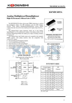 KK74HC4053ADW datasheet - Analog Multiplexer/Demultiplexer High-Performance Silicon-Gate CMOS