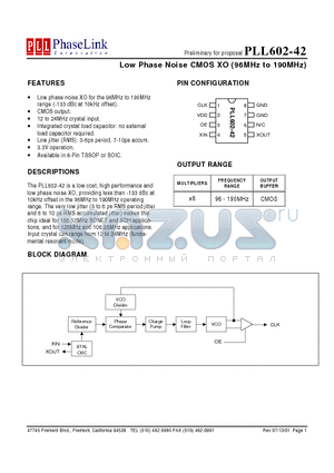 PLL602-42XOI datasheet - Low Phase Noise CMOS XO (96MHz to 190MHz)