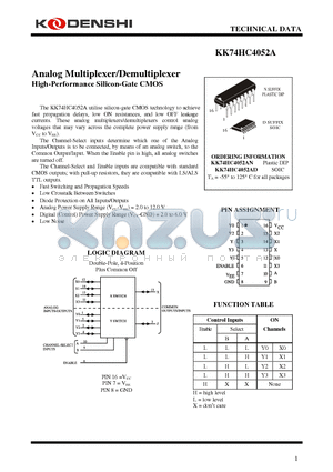 KK74HC4052AN datasheet - Analog Multiplexer/Demultiplexer High-Performance Silicon-Gate CMOS