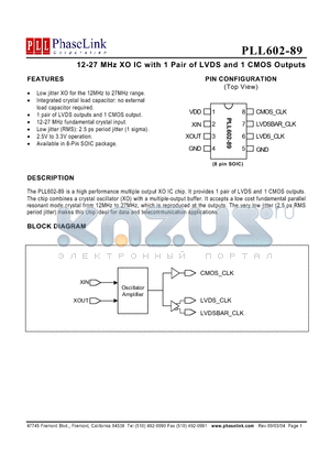 PLL602-89SC datasheet - 12-27 MHz XO IC with 1 Pair of LVDS and 1 CMOS Outputs